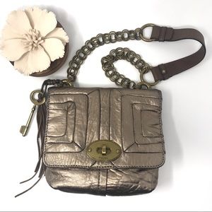 Fossil Metallic Pewter Leather and Link Chain Bag